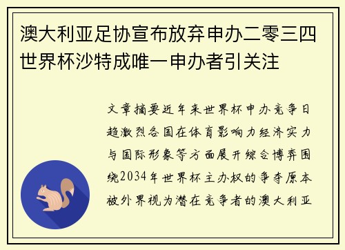 澳大利亚足协宣布放弃申办二零三四世界杯沙特成唯一申办者引关注