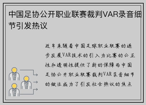 中国足协公开职业联赛裁判VAR录音细节引发热议 中国足协公开职业联赛裁判VAR录音细节引发热议